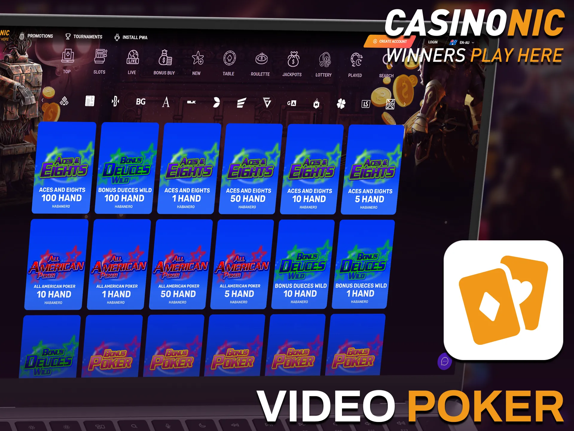 Enjoy Casinonic casino games like video poker and test your skills.