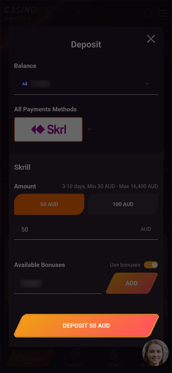 Confirm the Casinonic deposit and check your updated account balance.