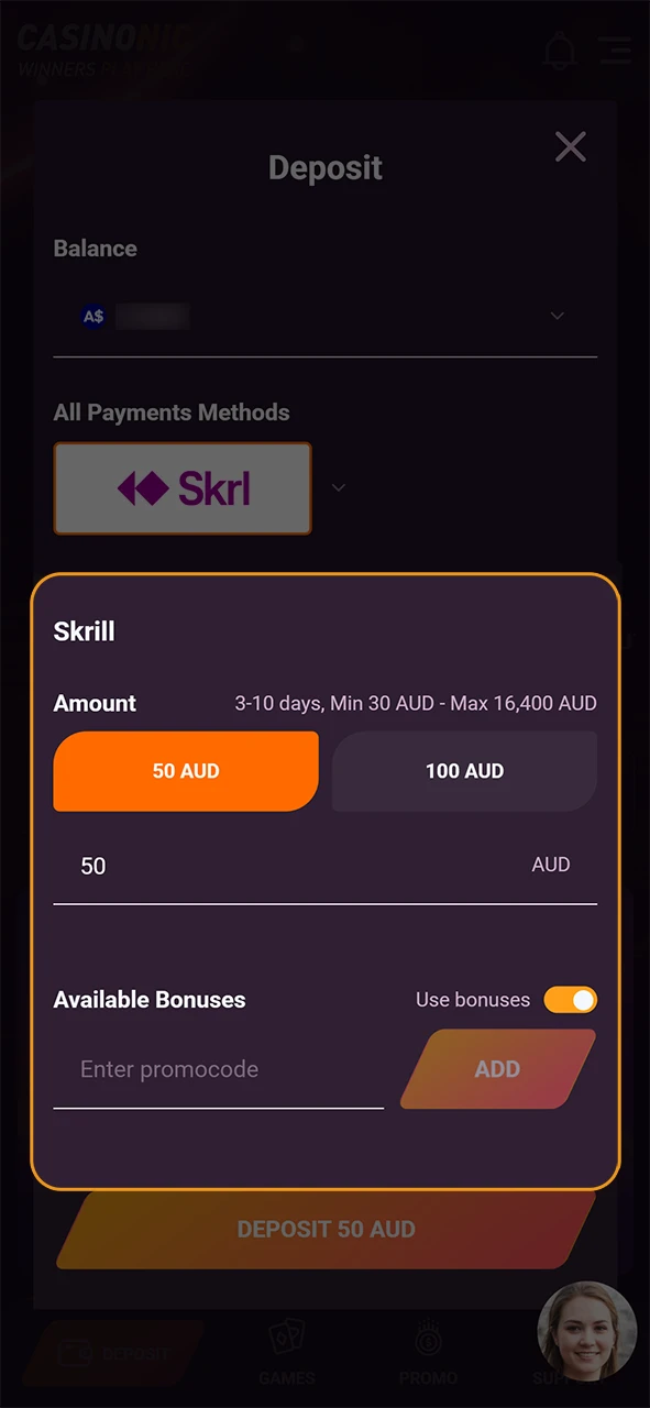 Enter the Casinonic deposit amount and provide your payment details.