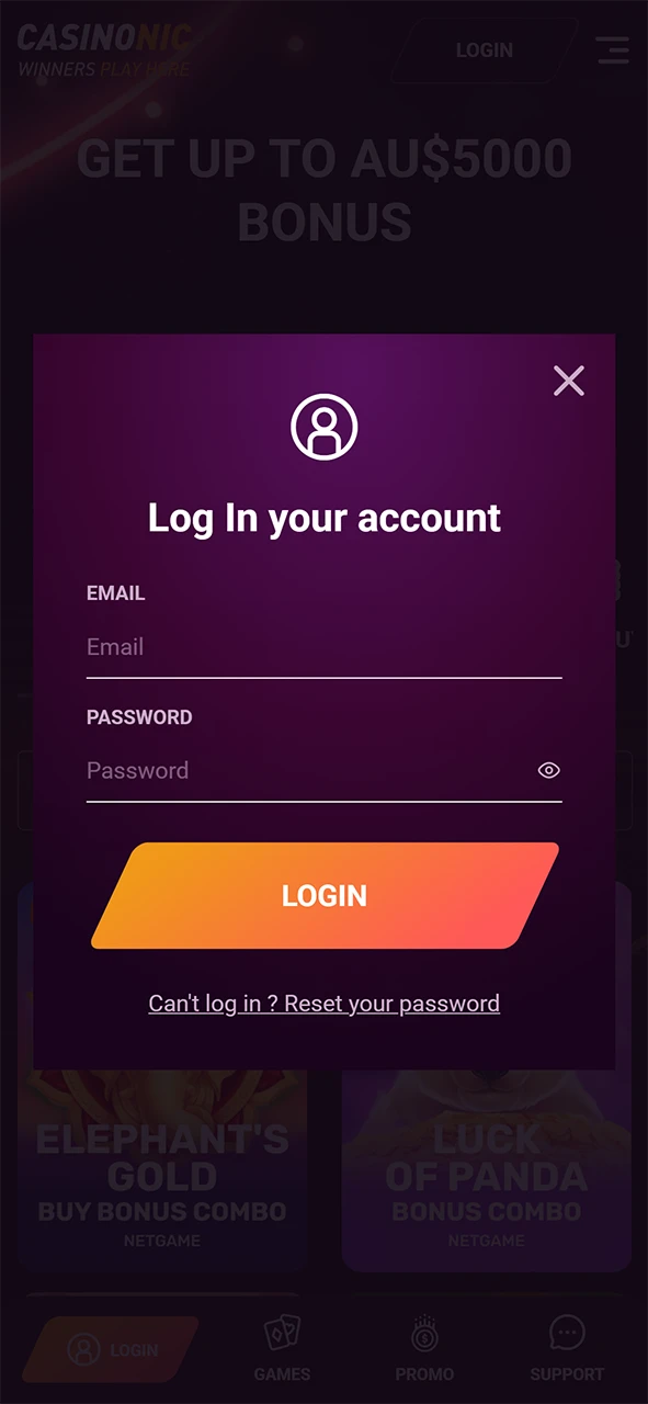Sign in to the official Casinonic website to start your deposit.