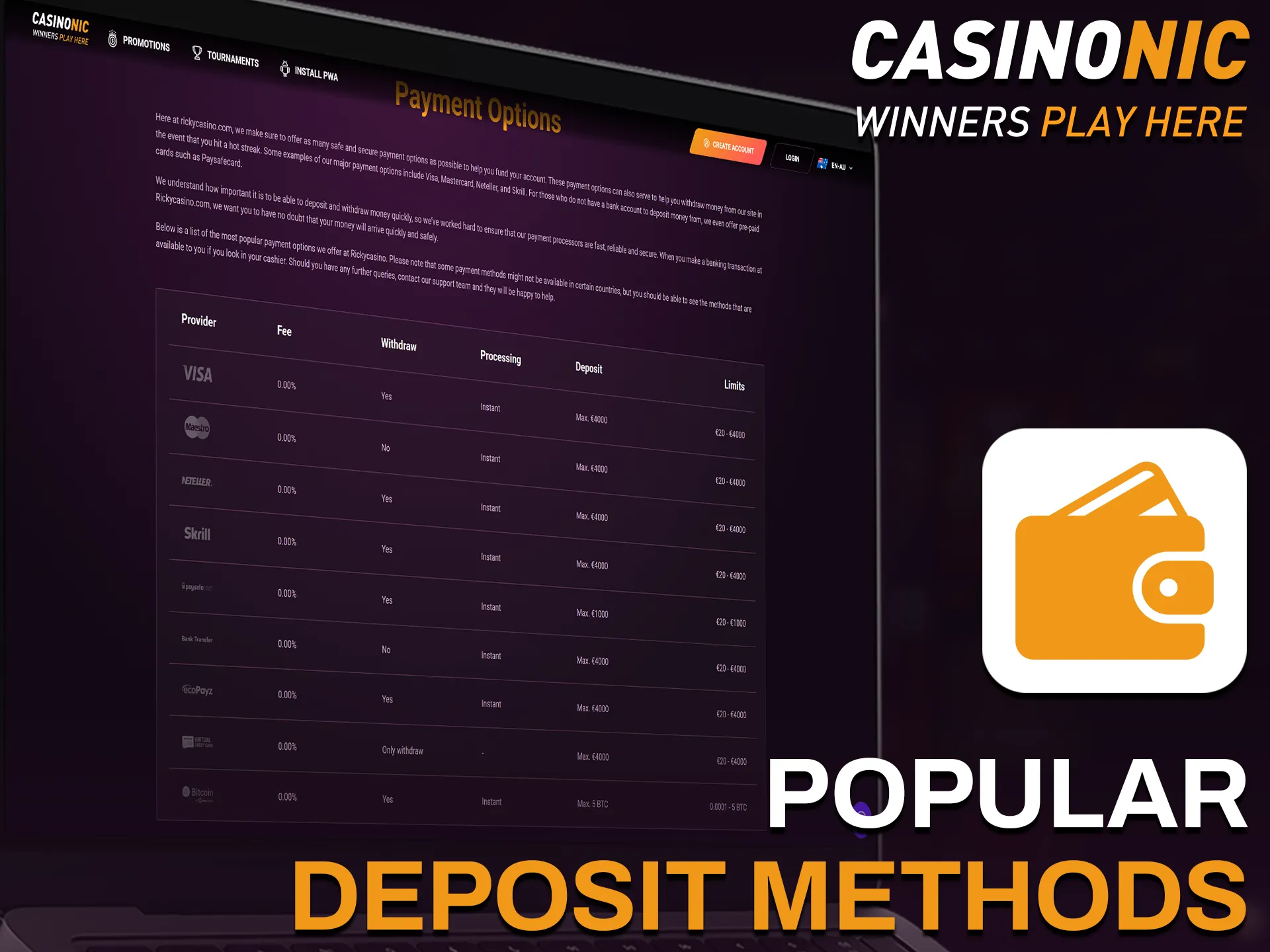 Discover the popular deposit methods available at the official Casinonic.