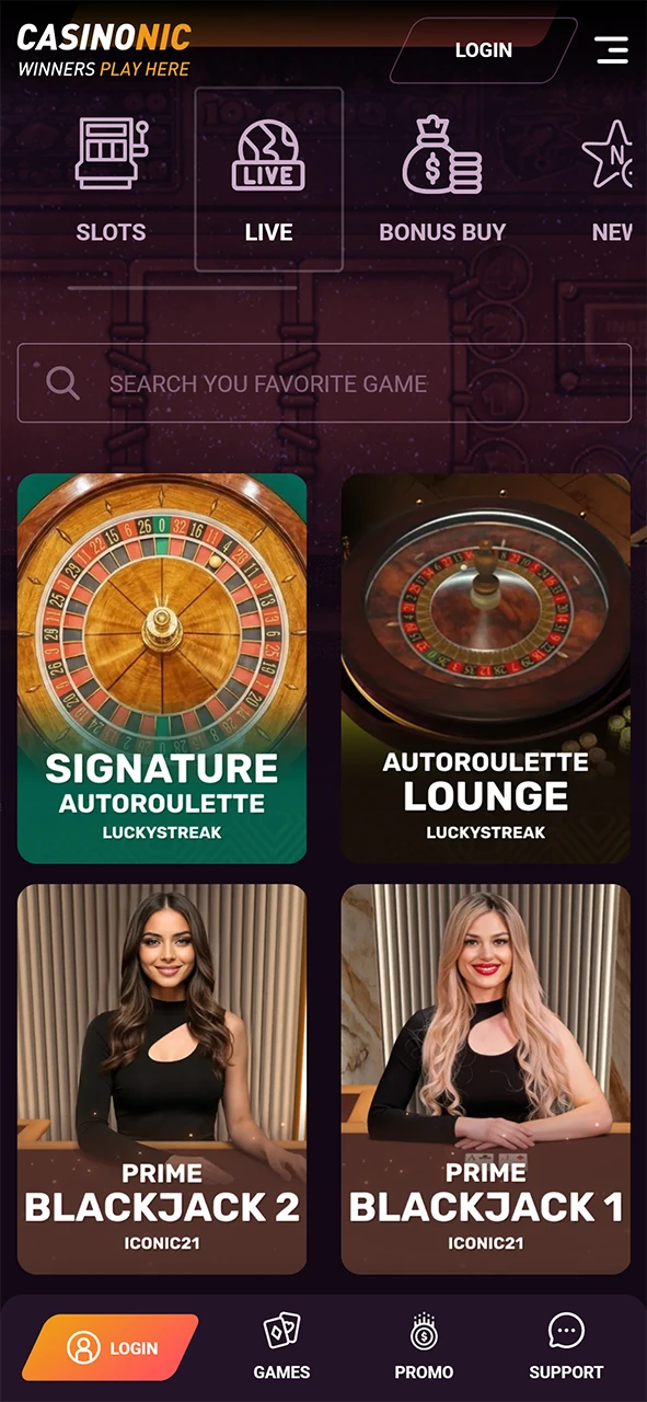 Open the lobby to start playing live casino Casinonic now.