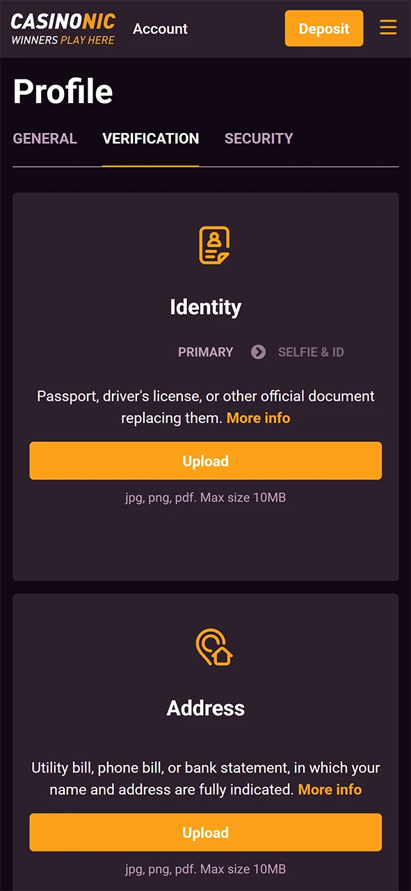 Verify your profile to start playing live casino Casinonic safely.