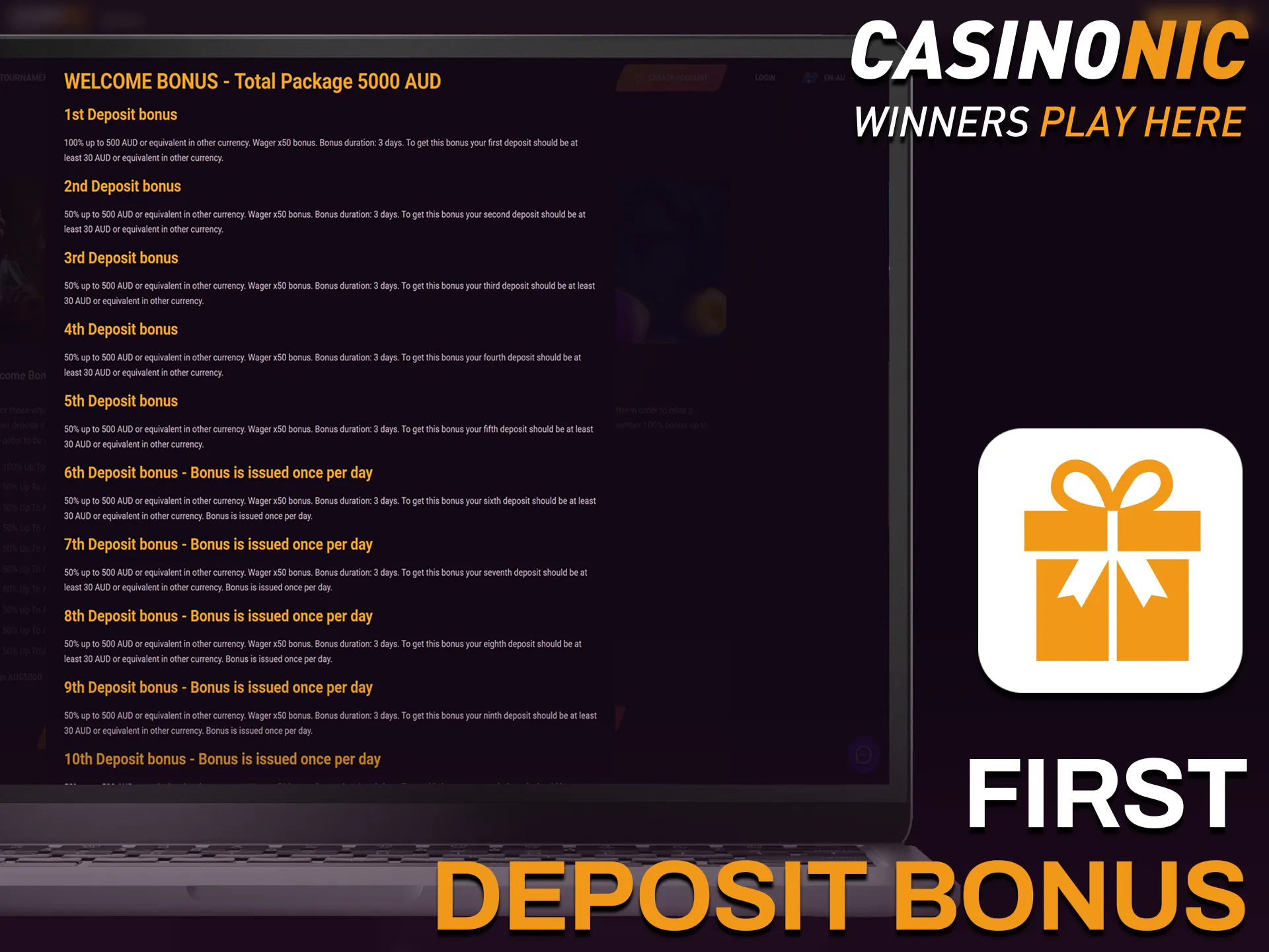 Register and claim your Casinonic first deposit bonus for new players.