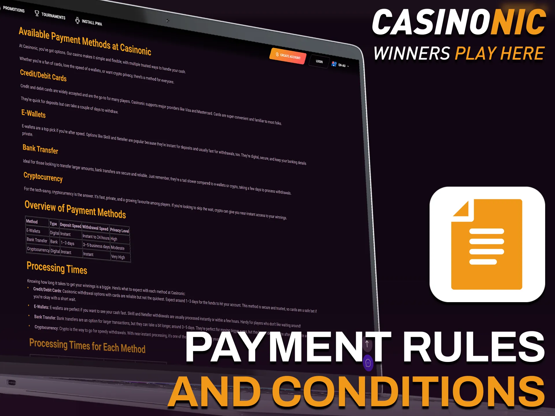 Review the Casinonic payment rules and conditions before you play.