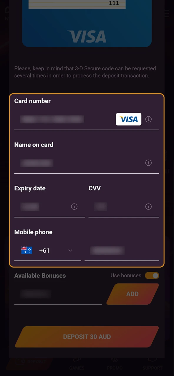 Specify transfer and payment details to use a Casinonic bonus code.