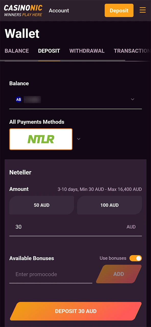 Make your first deposit to get the Casinonic registration bonus.