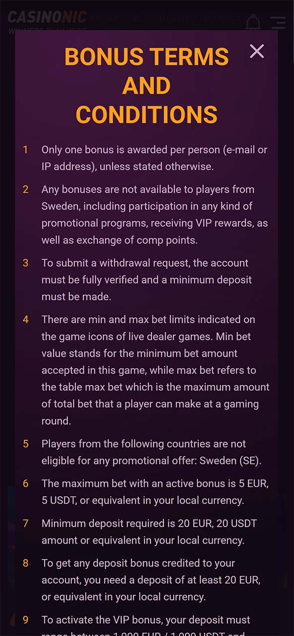 Read and accept the terms to claim the Casinonic registration bonus.