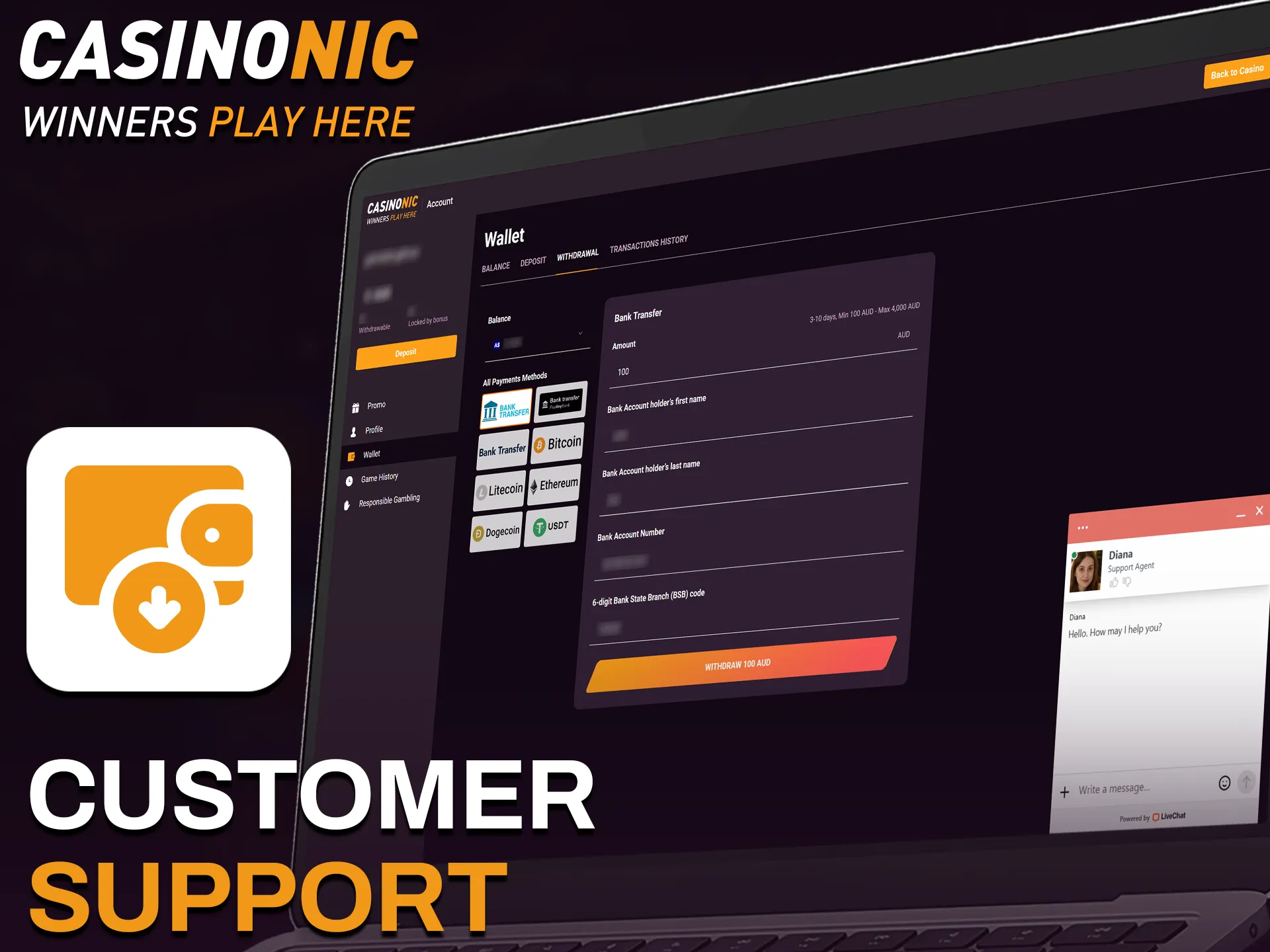 Contact the official Casinonic customer support for assistance with your funds.