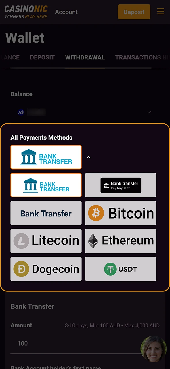 Choose a secure payment method to withdraw money from Casinonic.