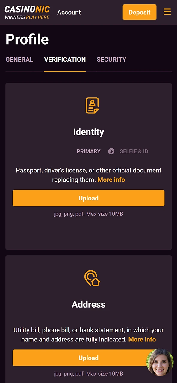 Complete the verification process to withdraw money from Casinonic safely.