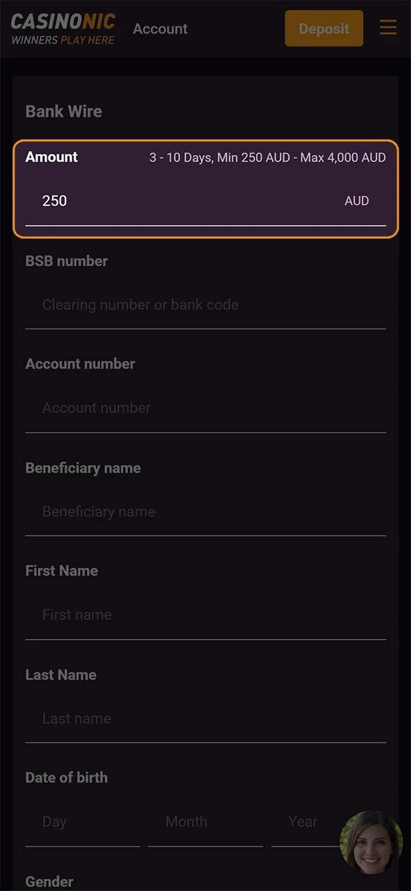 Enter the preferred amount to withdraw money from Casinonic today.