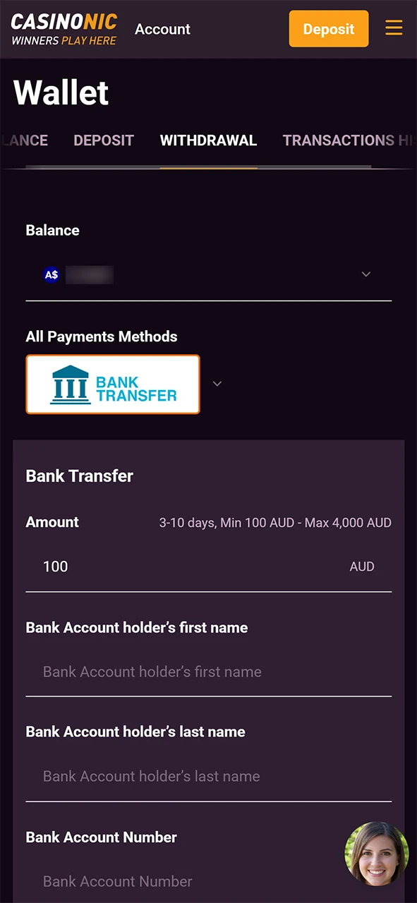 Sign in and open the cashier to withdraw money from Casinonic.
