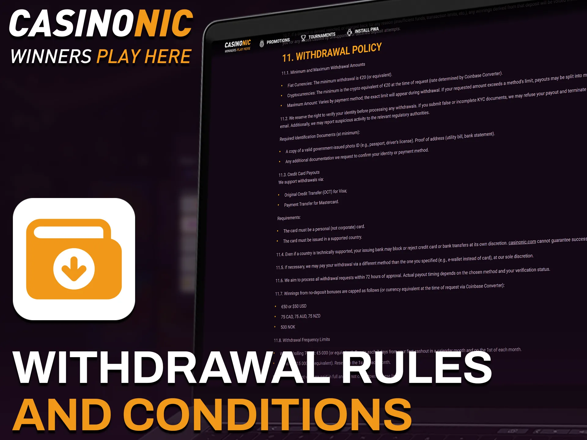 Review the official Casinonic withdrawal rules and conditions for Australian players.