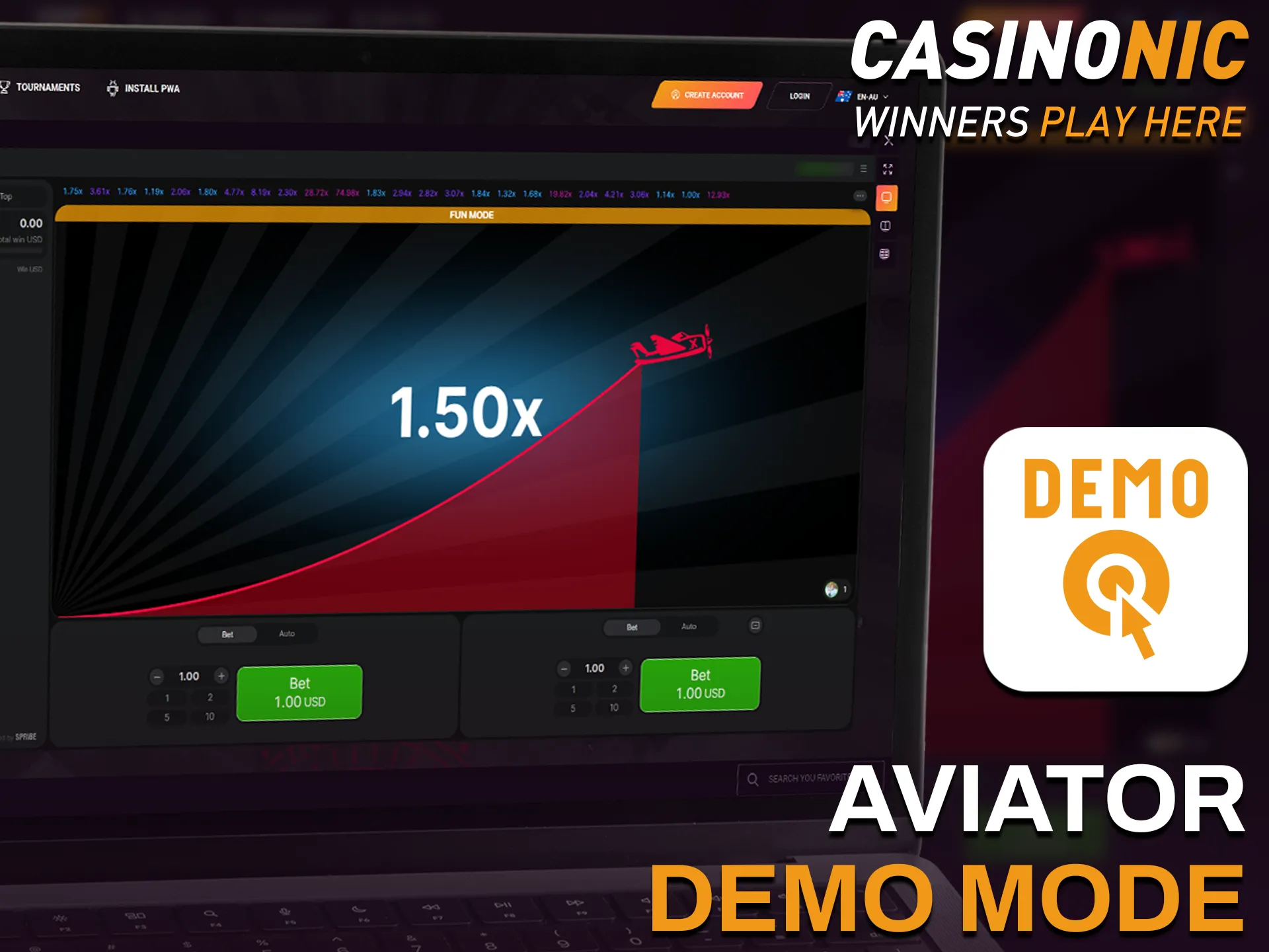 Try the free Aviator demo mode on Casinonic to practice playing.