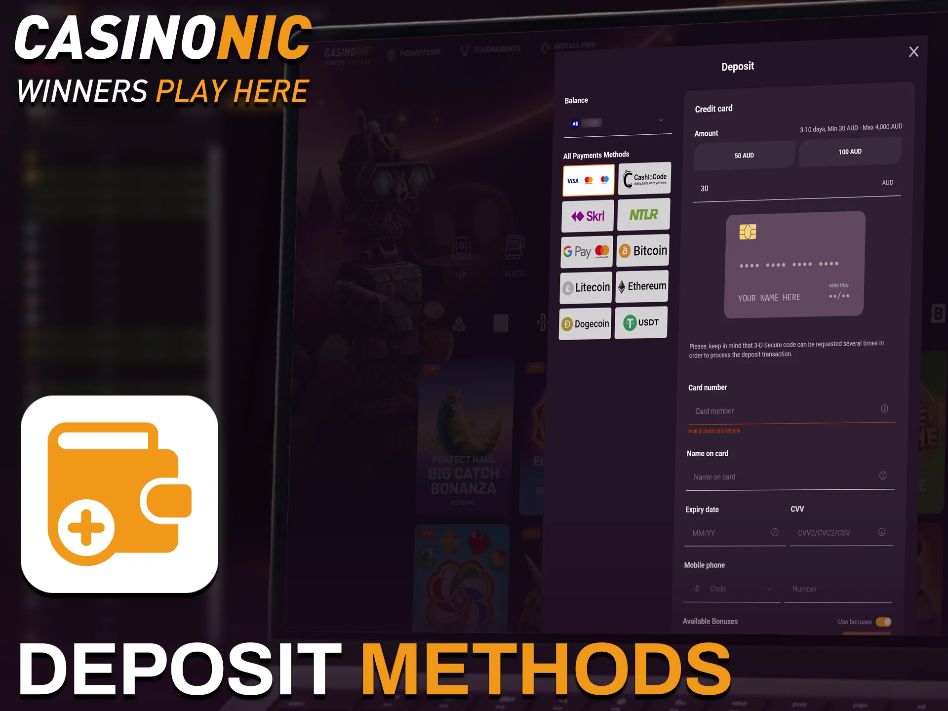 Explore the secure deposit methods at Casinonic available for Aviator players.