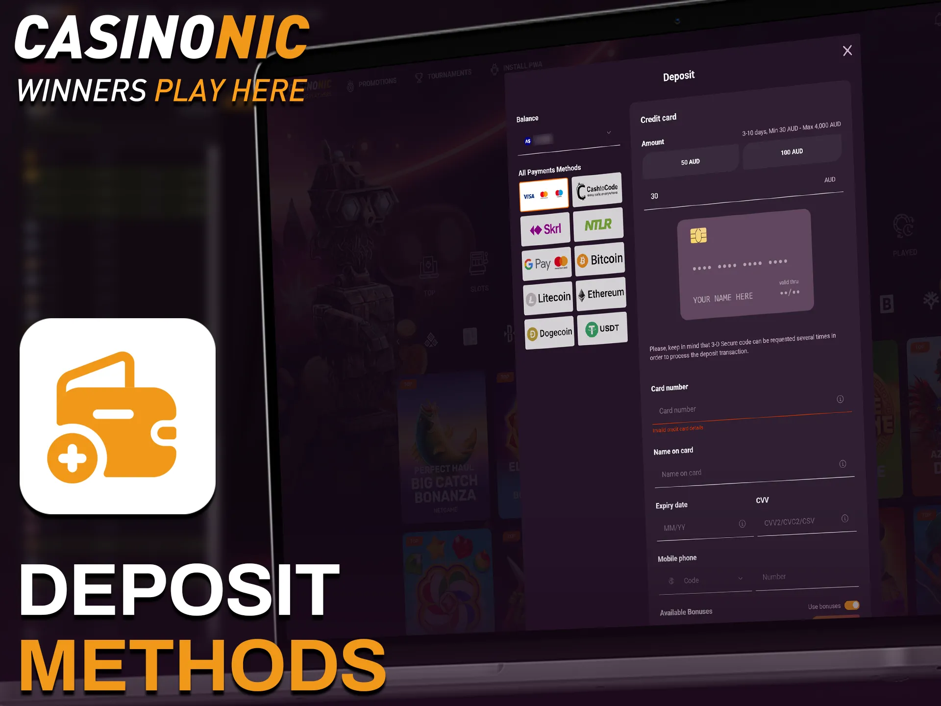Choose from various deposit methods for Casinonic Aviator to fund your account.