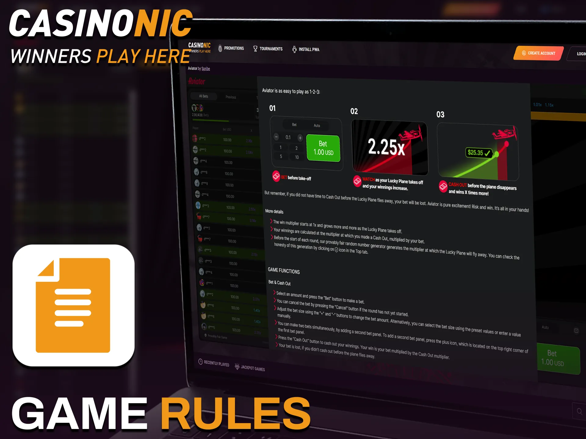 Read the official Casinonic Aviator game rules before you start betting.