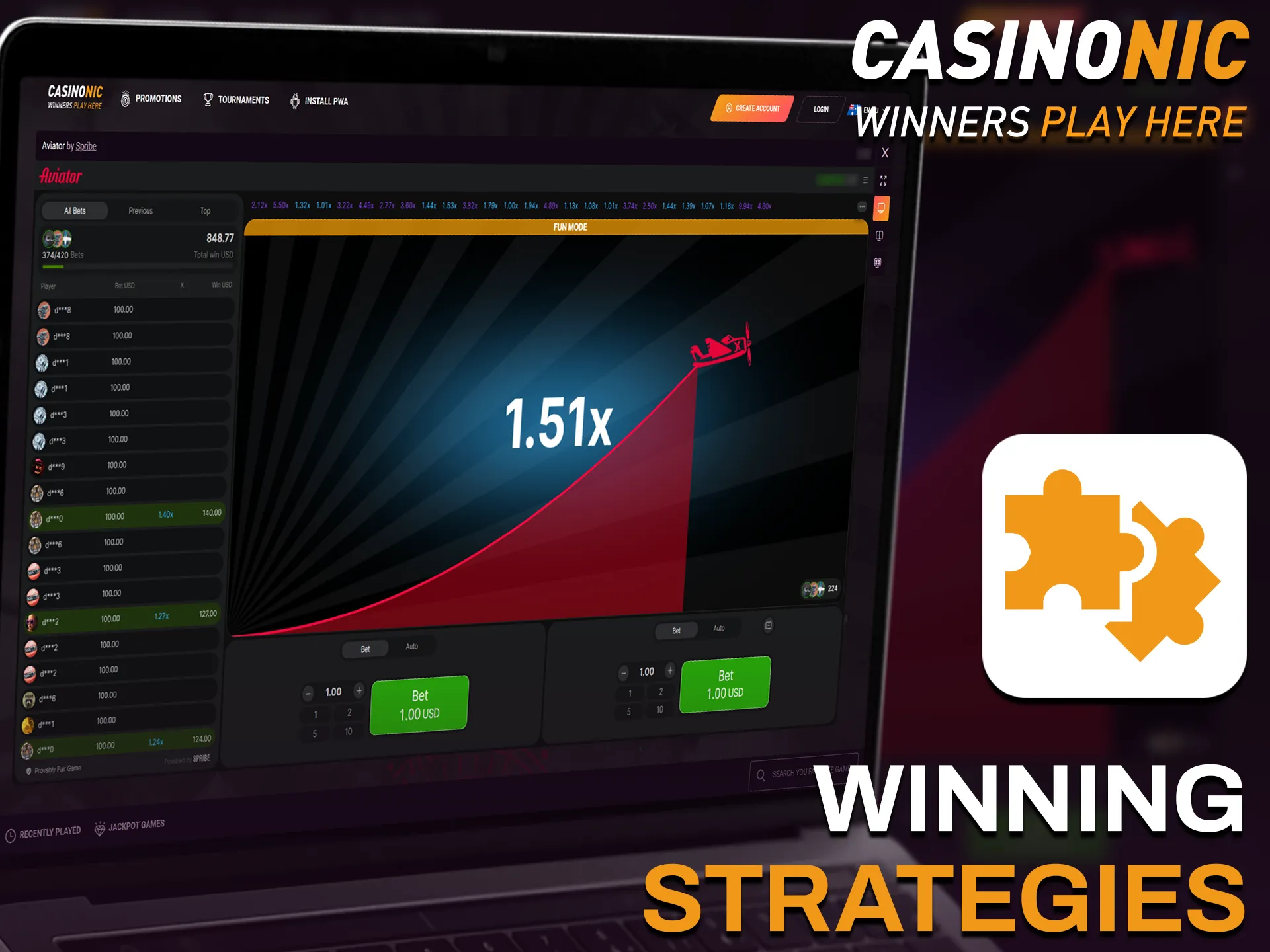 Apply effective winning strategies for Casinonic Aviator to increase your luck.