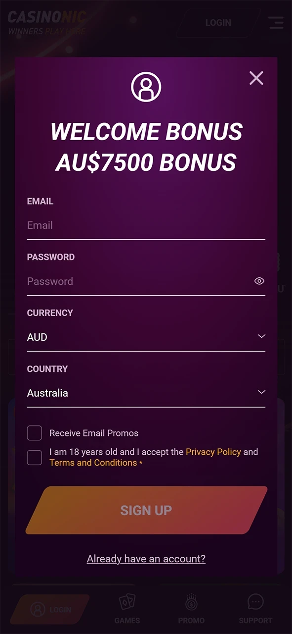 Create your personal account to learn how to play at Casinonic.