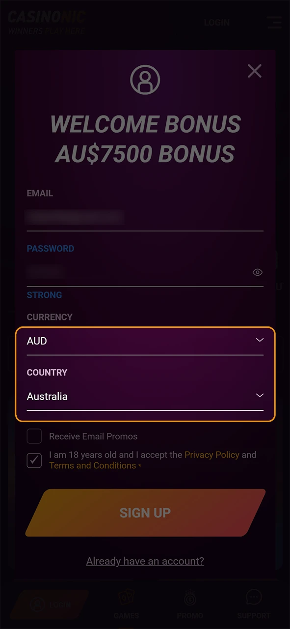 Choose your currency for the registration process at Casinonic online.