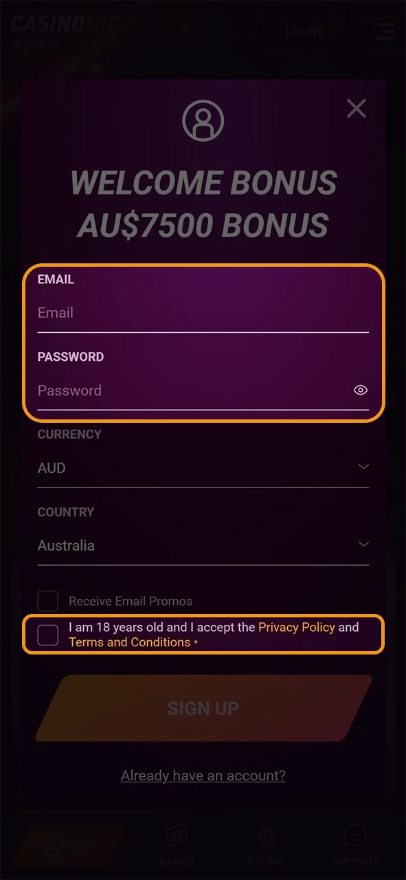 Fill in your email to continue the registration process at Casinonic.