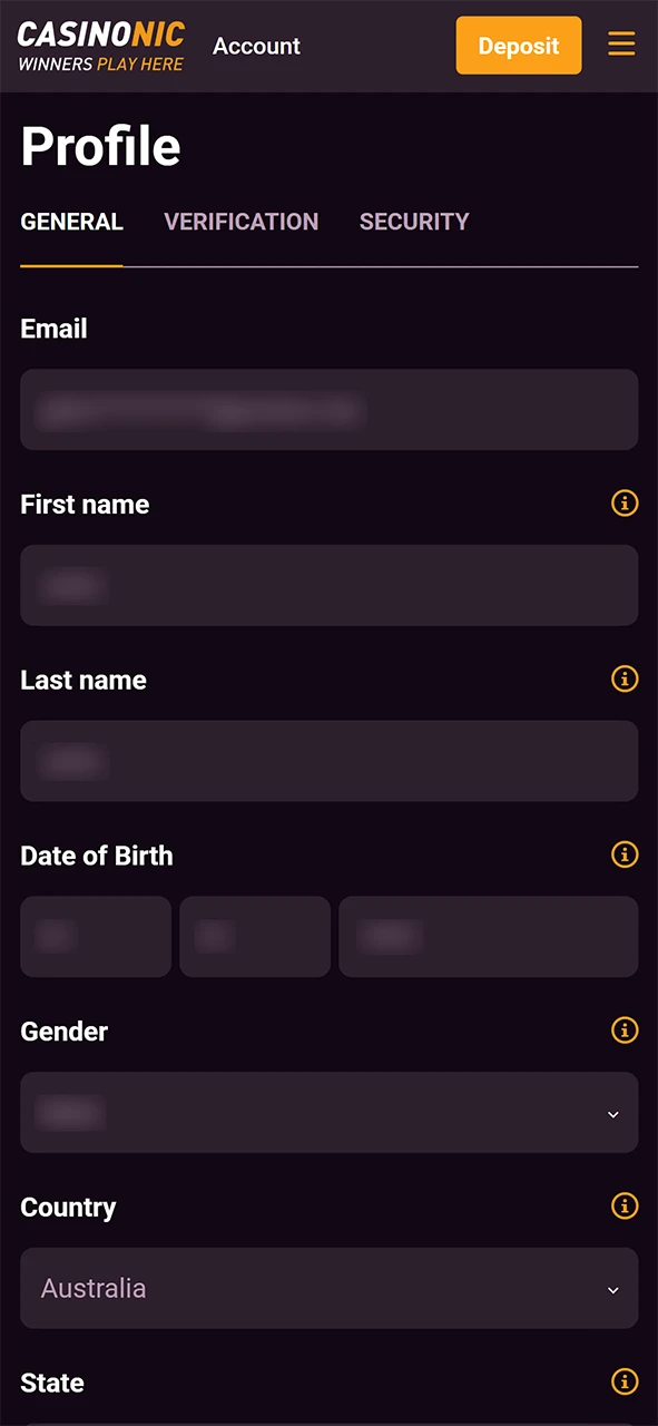 Complete your profile to finish the registration process at Casinonic.