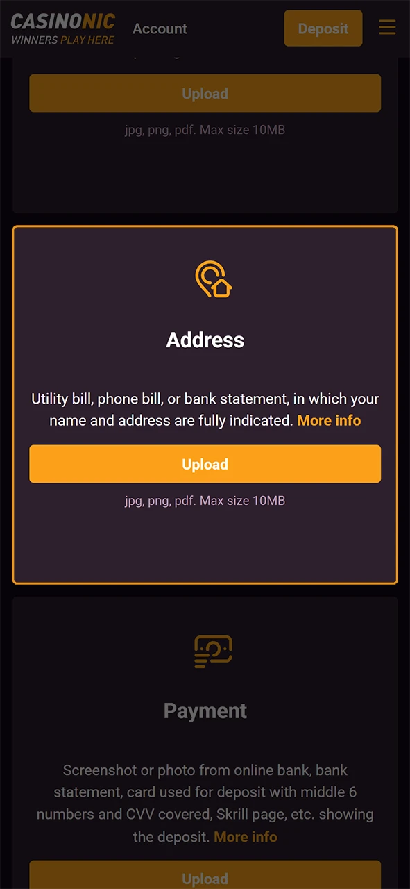 Submit proof of address for the account verification process on Casinonic.