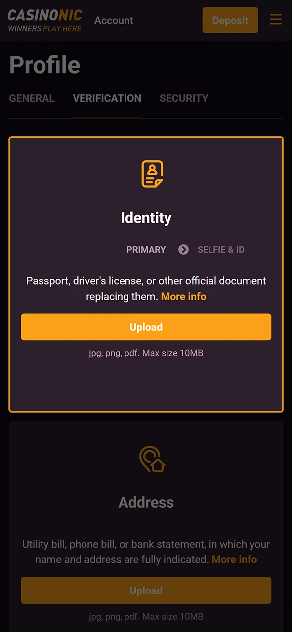 Upload your ID for the account verification process on Casinonic.