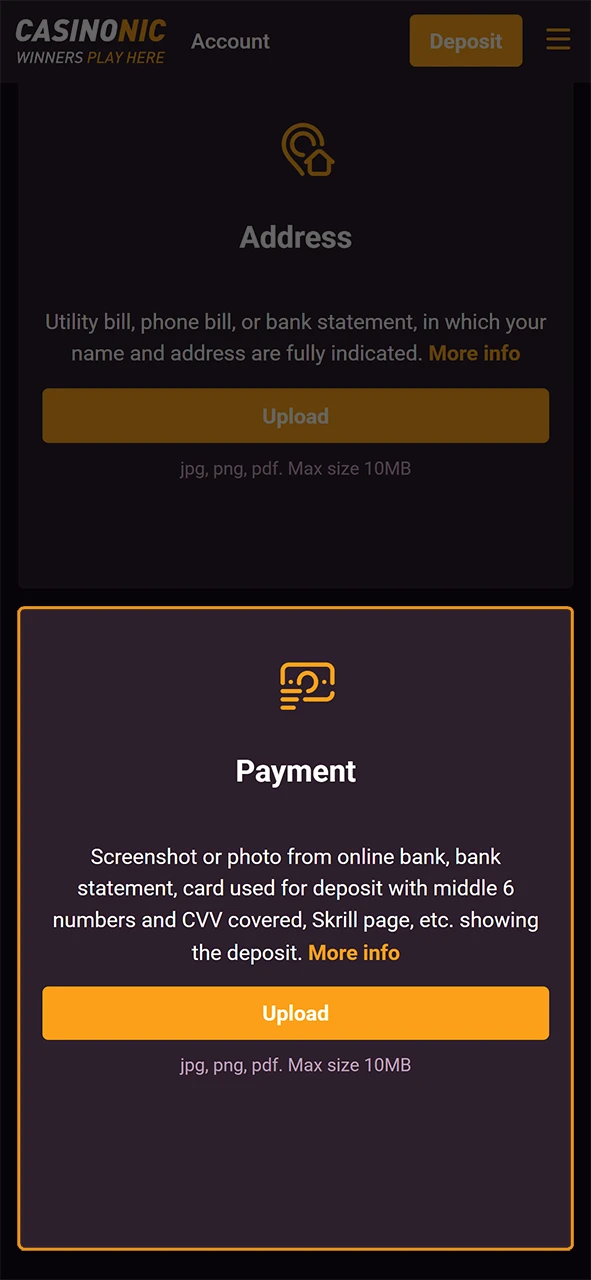 Verify your payment for the account verification process on Casinonic.