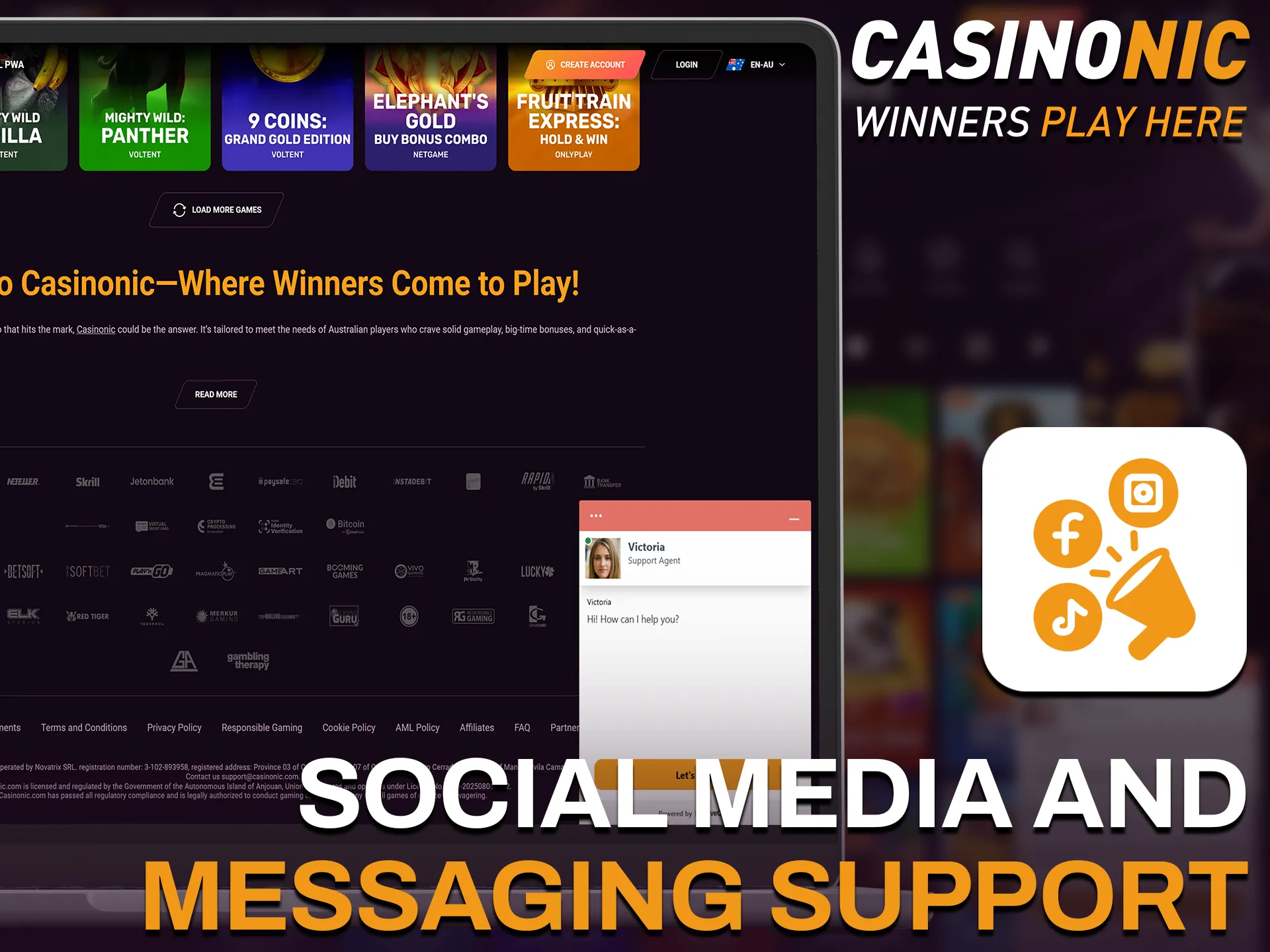 Connect with Casinonic social media and messaging support for quick updates.